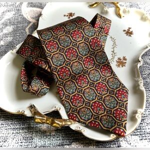 Liberty of London Red Gold and Navy Art Deco Print Italian Silk Tie
